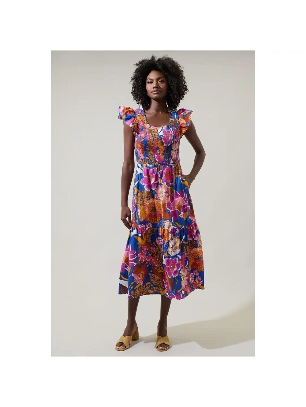 Baltic Born 100% Cotton Smocked Vibrant Floral Midi Dress Size M Whimsy Cottage